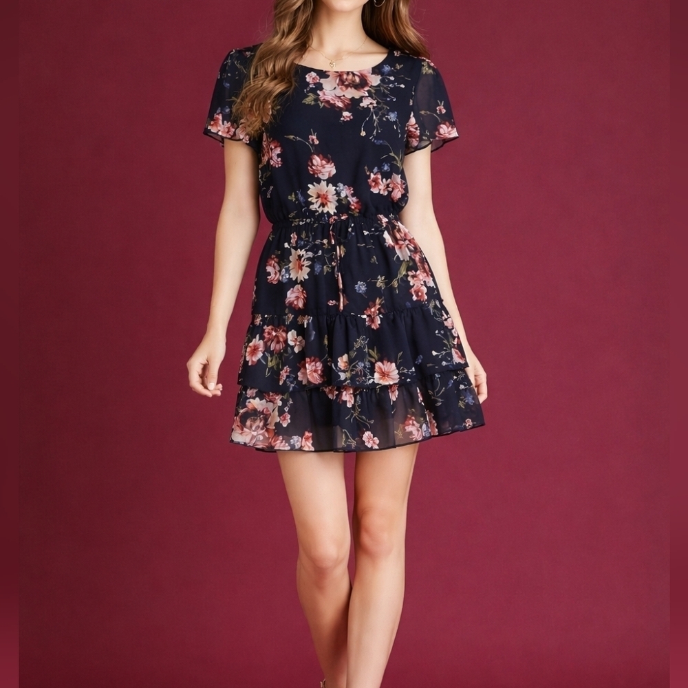 MIDNIGHT DOLL Navy Blue Floral Ruffle Chiffon Mini Tiered Fairycore Dress